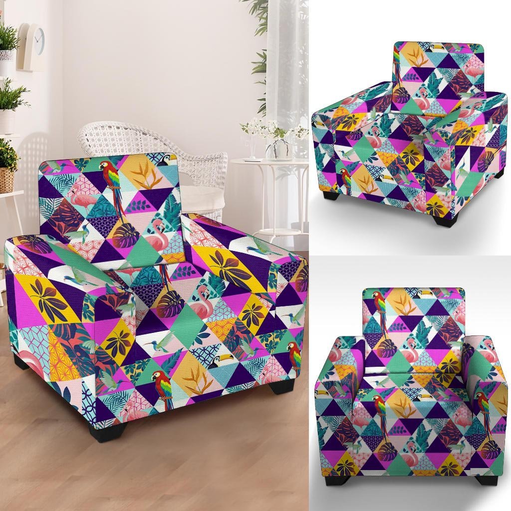 Patchwork Tropical Bird Print Armchair Cover-grizzshop