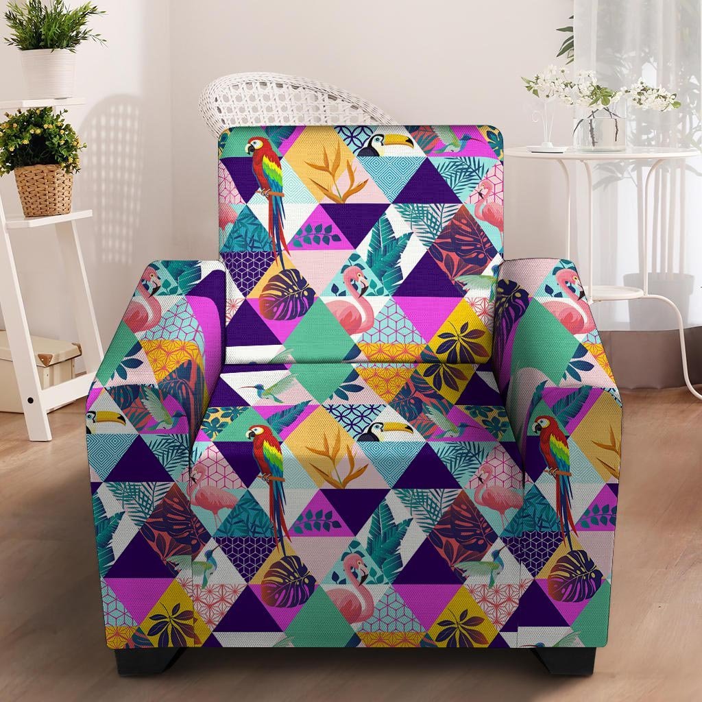 Patchwork Tropical Bird Print Armchair Cover-grizzshop