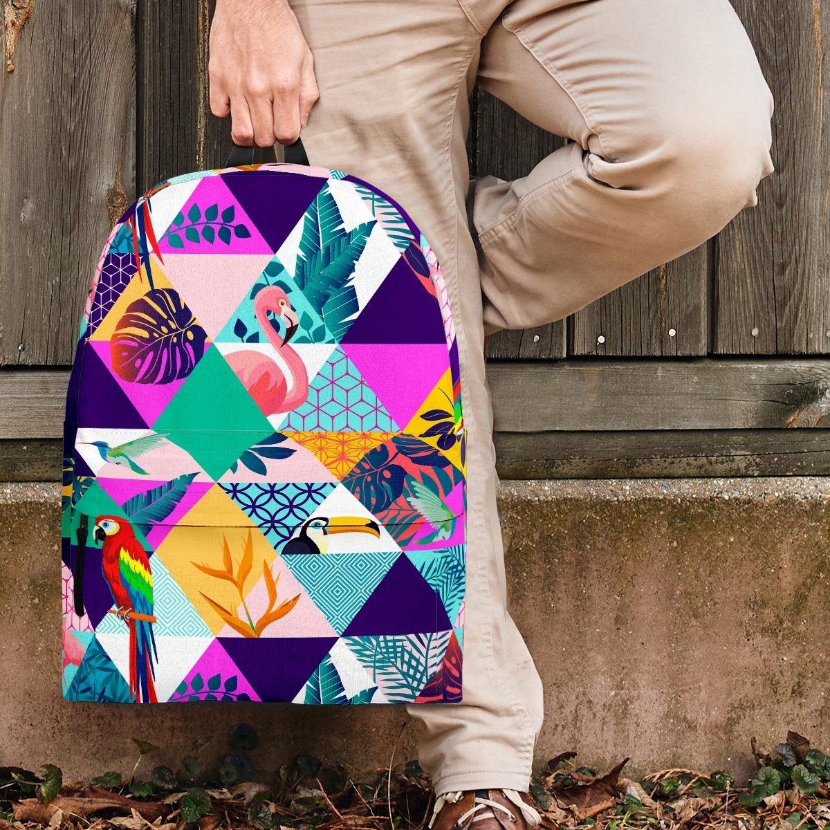 Patchwork Tropical Bird Print Backpack-grizzshop