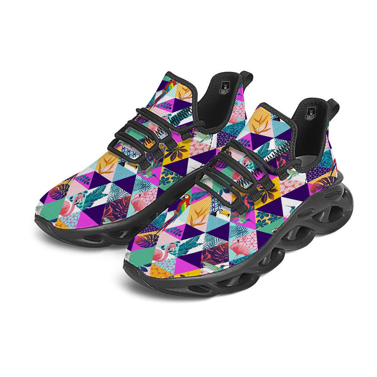 Patchwork Tropical Bird Print Black Running Shoes-grizzshop