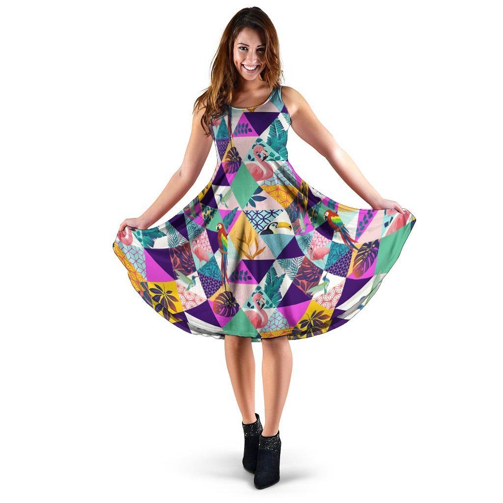 Patchwork Tropical Bird Print Dress-grizzshop