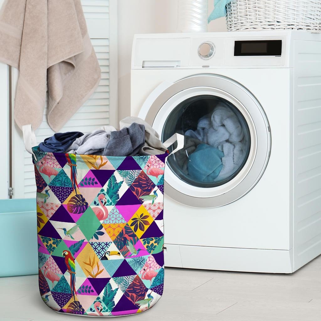 Patchwork Tropical Bird Print Laundry Basket-grizzshop