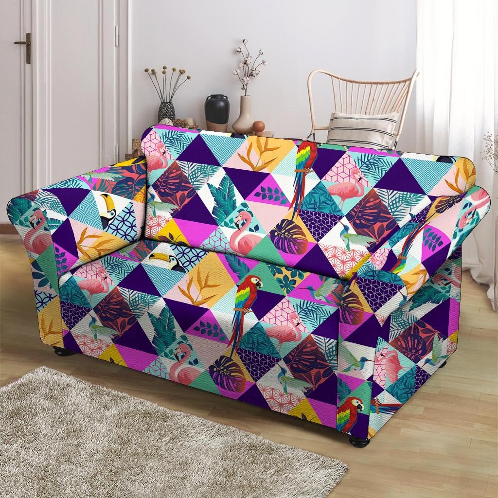 Patchwork Tropical Bird Print Loveseat Cover-grizzshop