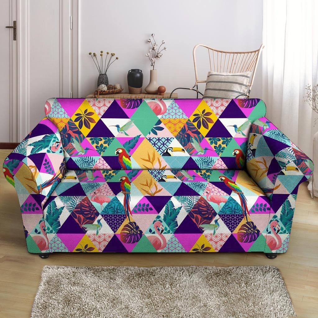 Patchwork Tropical Bird Print Loveseat Cover-grizzshop