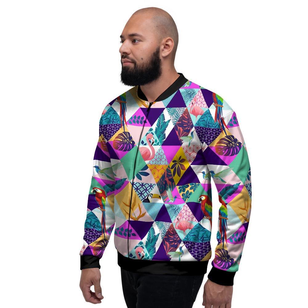 Patchwork Tropical Bird Print Men's Bomber Jacket-grizzshop