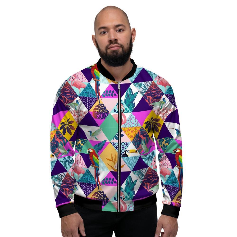 Patchwork Tropical Bird Print Men's Bomber Jacket-grizzshop