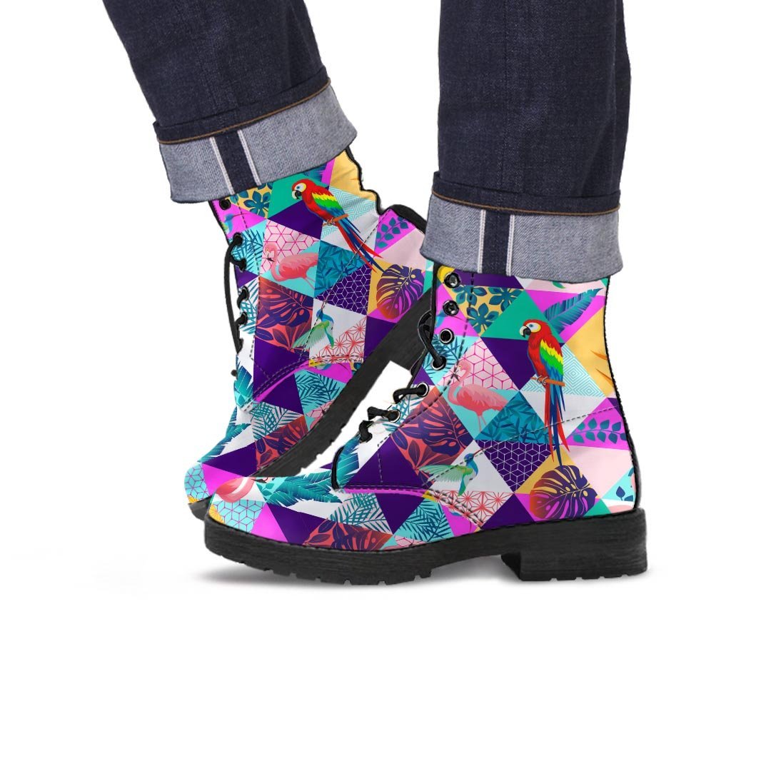 Patchwork Tropical Bird Print Men's Boots-grizzshop