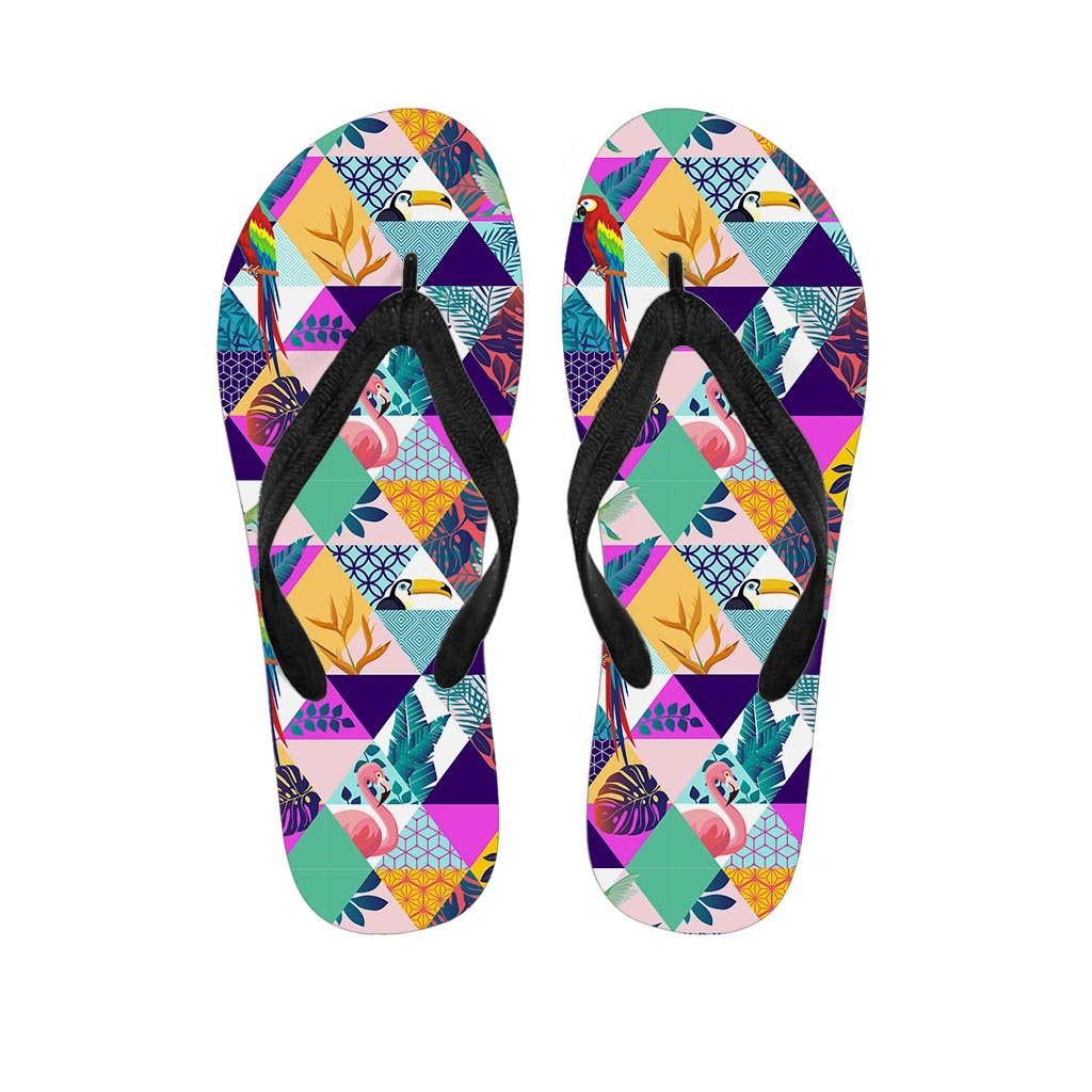 Patchwork Tropical Bird Print Men's Flip Flops-grizzshop