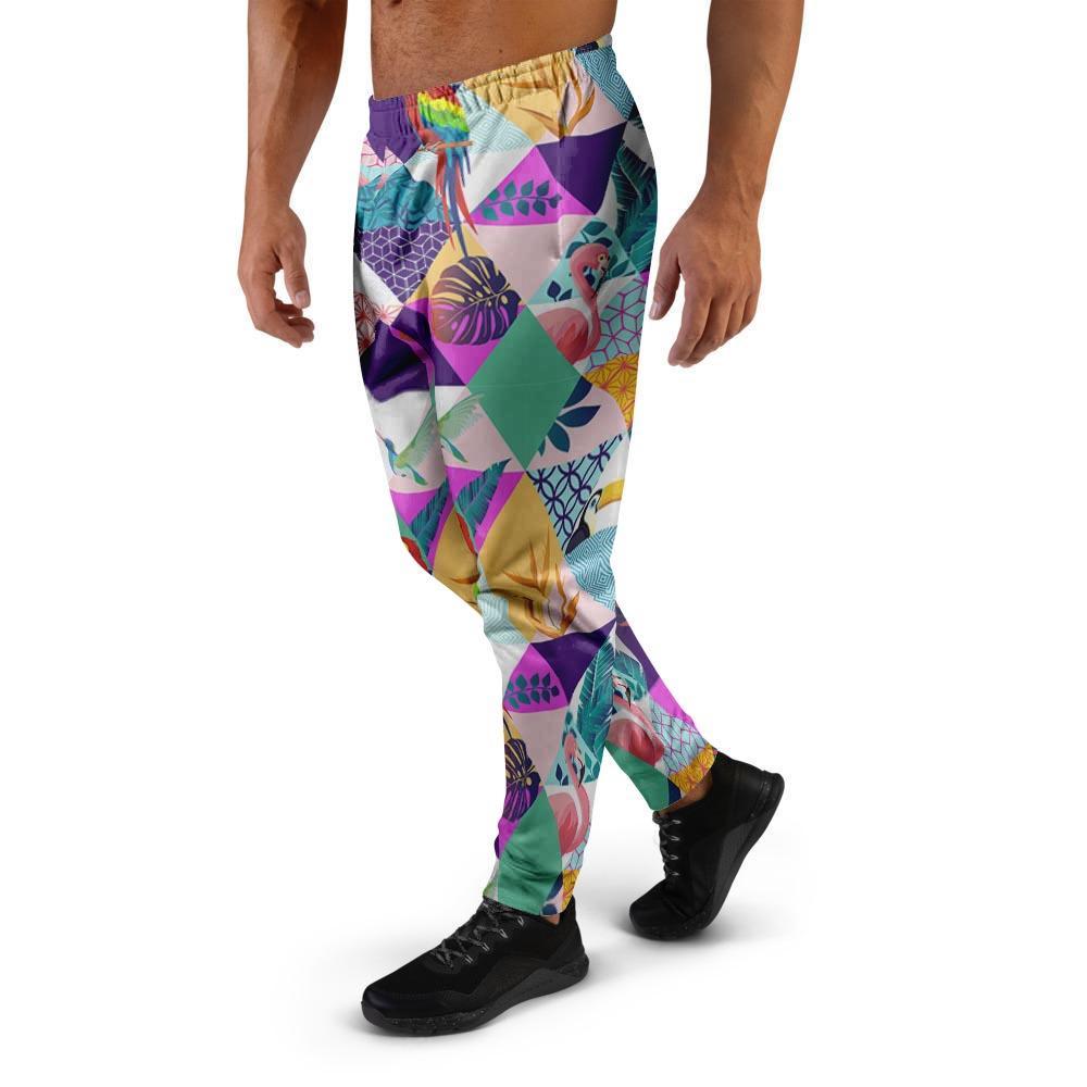 Patchwork Tropical Bird Print Men's Joggers-grizzshop