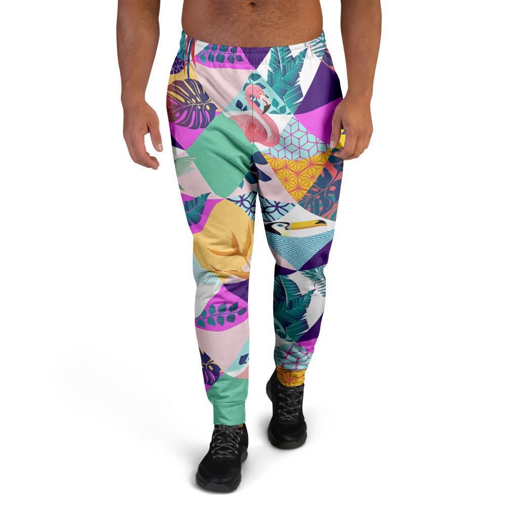 Patchwork Tropical Bird Print Men's Joggers-grizzshop