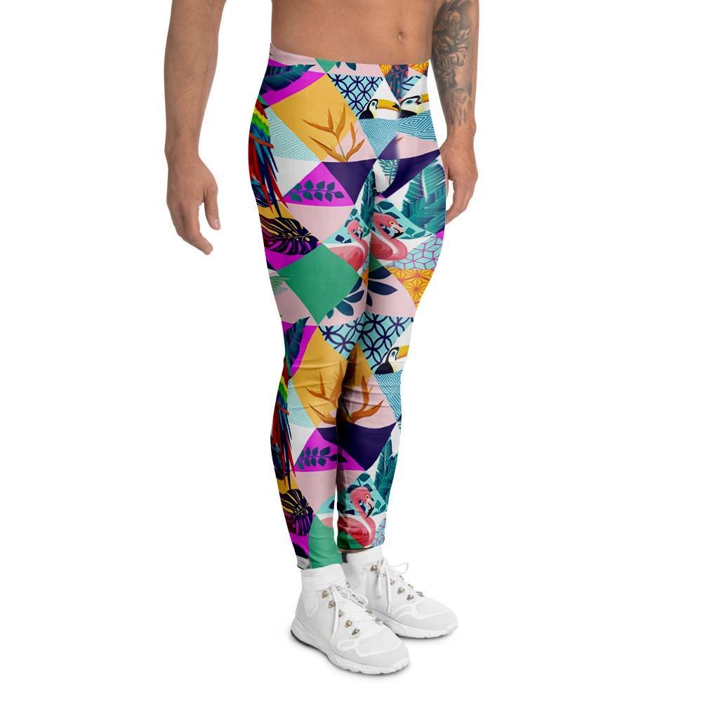 Patchwork Tropical Bird Print Men's Leggings-grizzshop