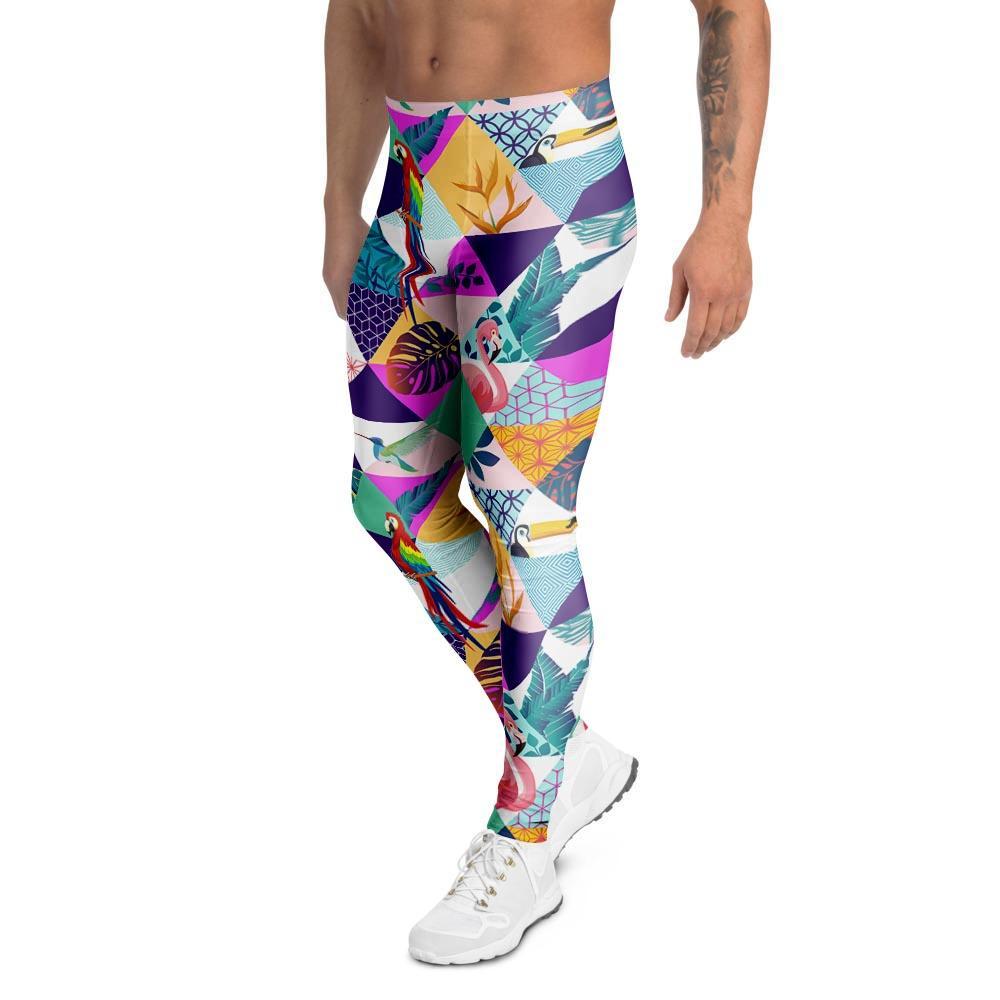 Patchwork Tropical Bird Print Men's Leggings-grizzshop