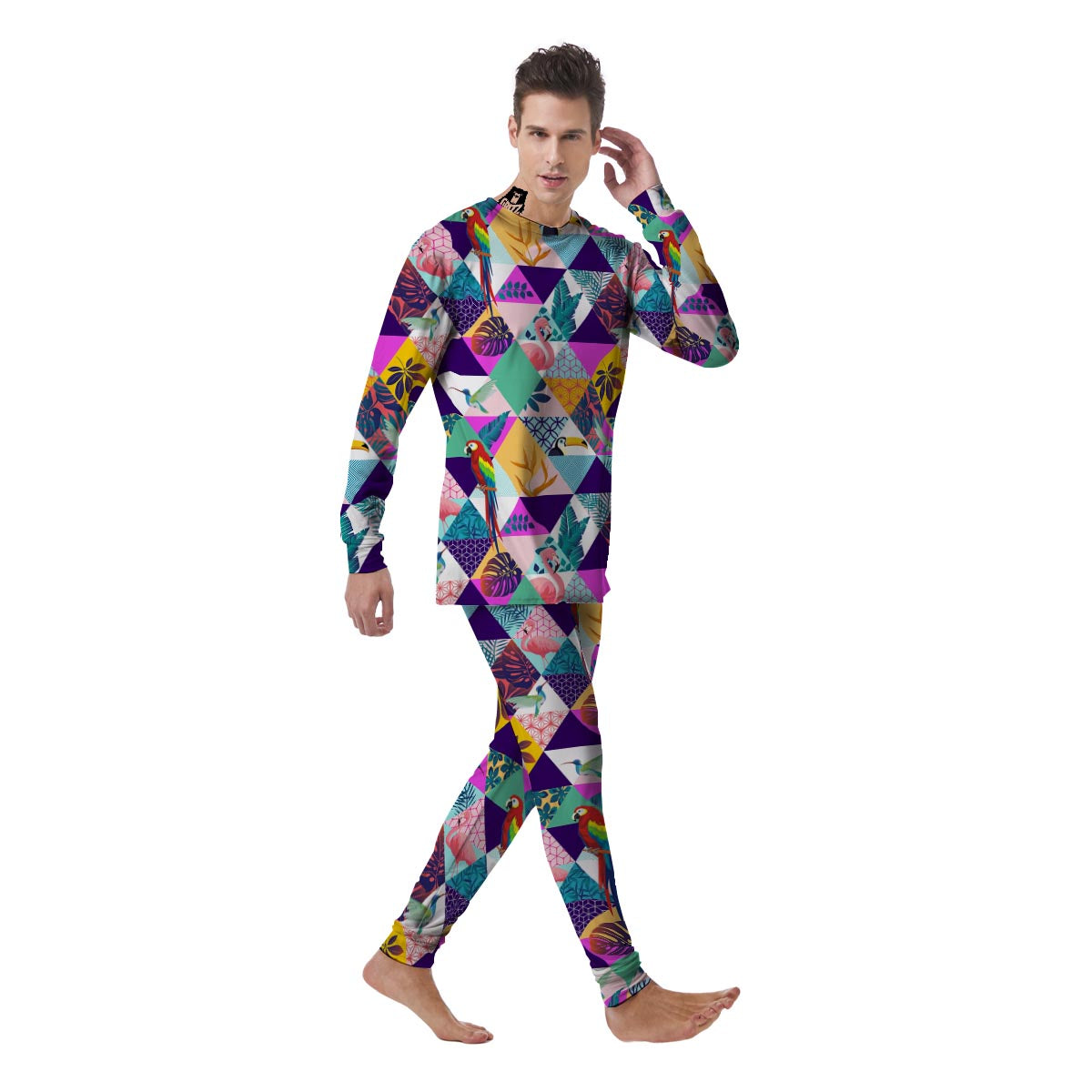 Patchwork Tropical Bird Print Men's Pajamas-grizzshop