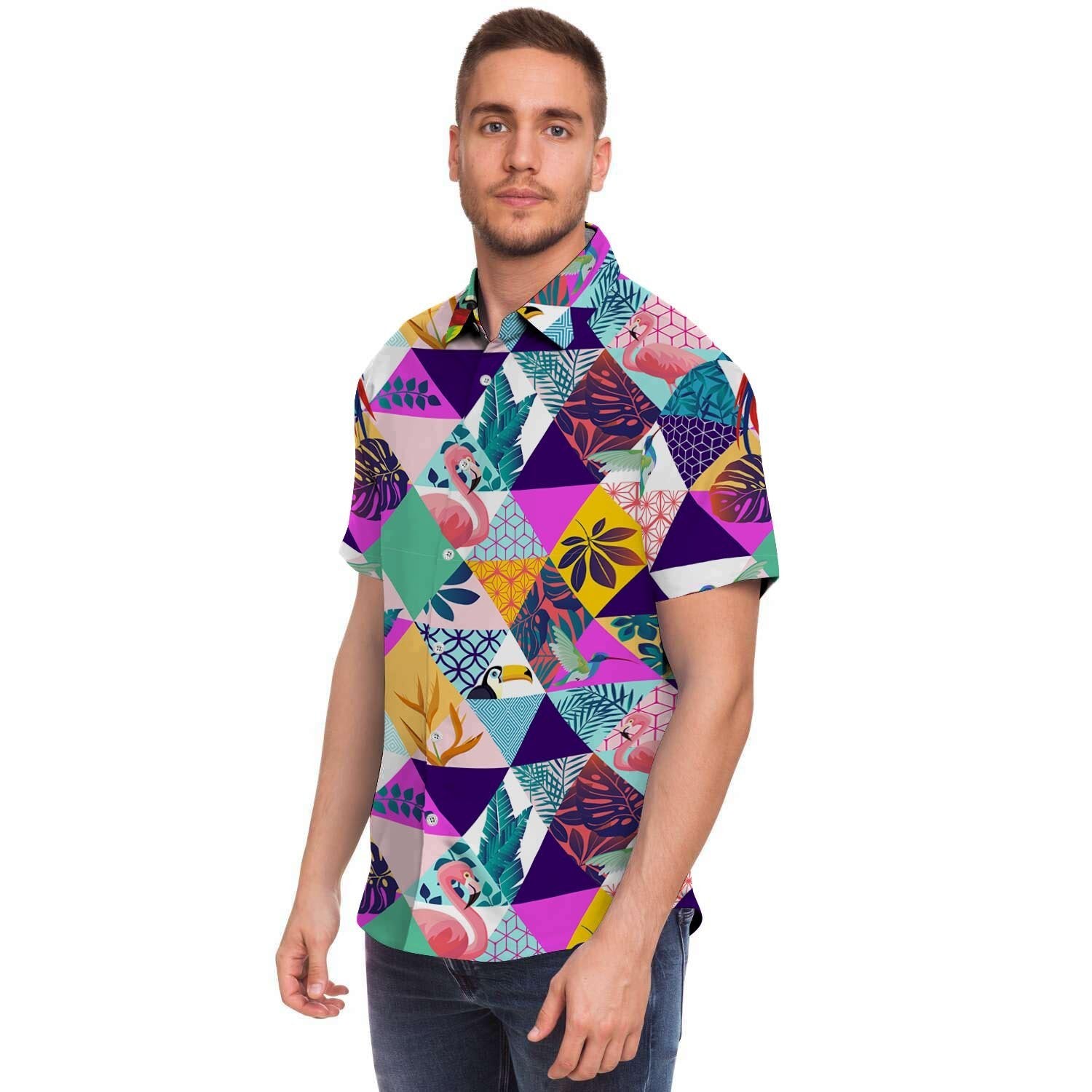Patchwork Tropical Bird Print Men's Short Sleeve Shirt-grizzshop