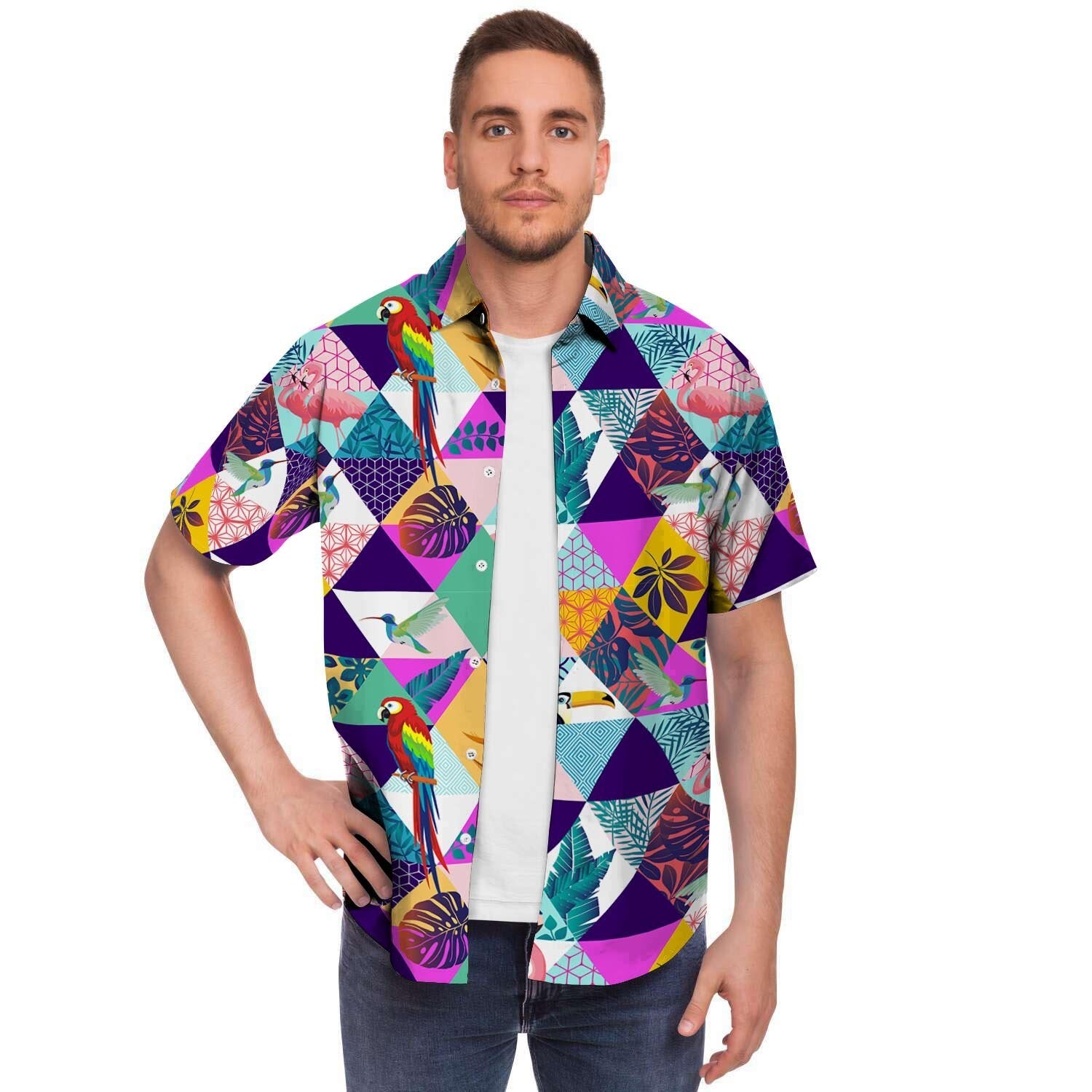 Patchwork Tropical Bird Print Men's Short Sleeve Shirt-grizzshop