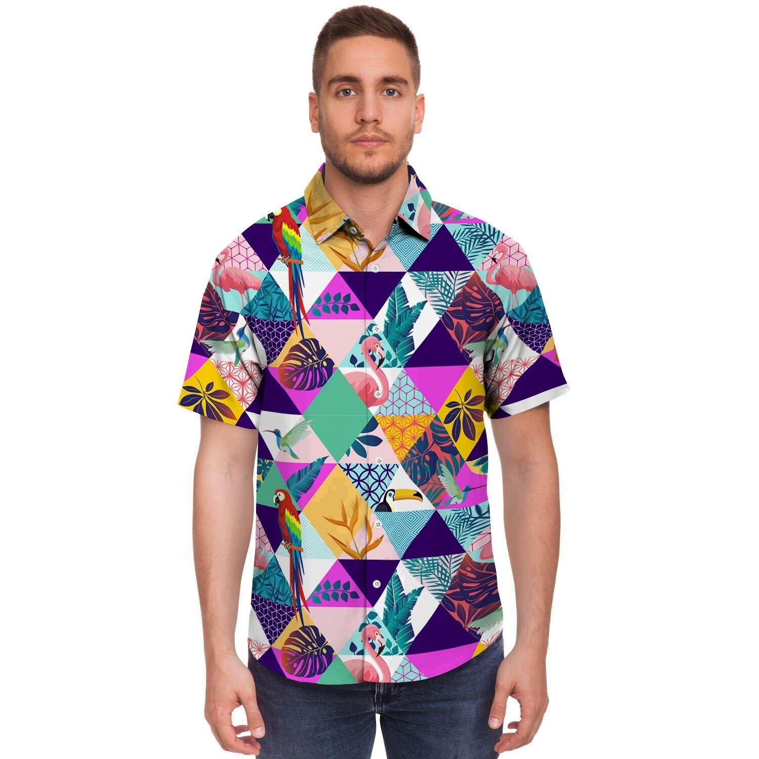 Patchwork Tropical Bird Print Men's Short Sleeve Shirt-grizzshop