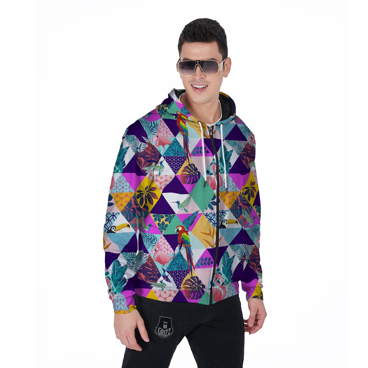 Patchwork Tropical Bird Print Men's Zip Up Hoodie-grizzshop