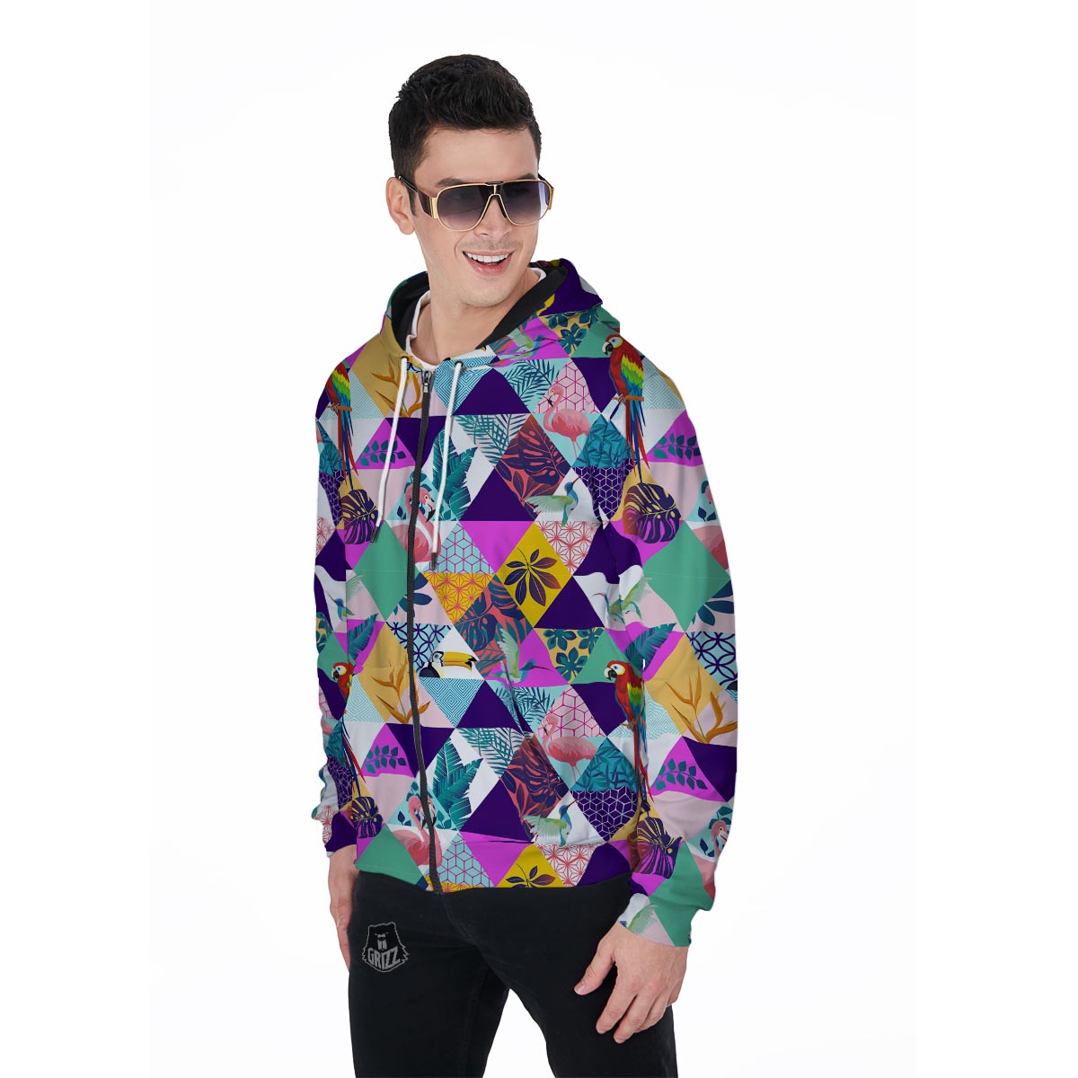 Patchwork Tropical Bird Print Men's Zip Up Hoodie-grizzshop