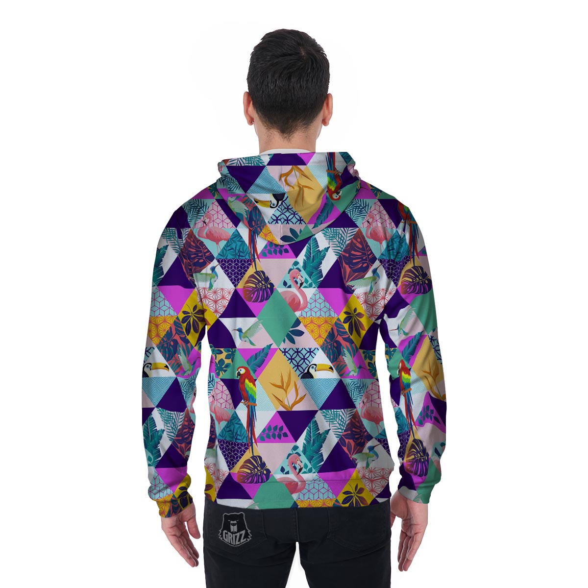 Patchwork Tropical Bird Print Men's Zip Up Hoodie-grizzshop