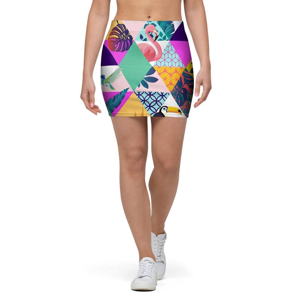 Patchwork Tropical Bird Print Mini Skirt-grizzshop