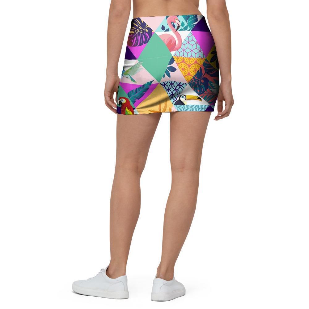 Patchwork Tropical Bird Print Mini Skirt-grizzshop