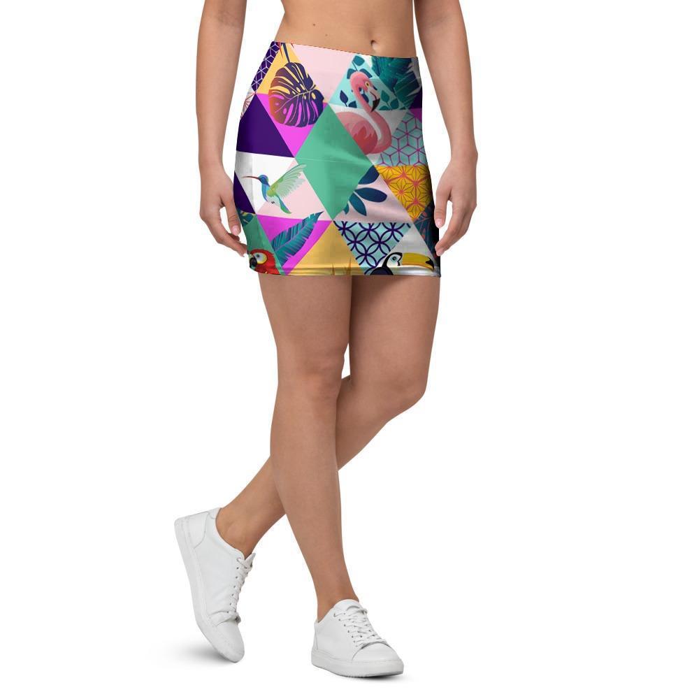 Patchwork Tropical Bird Print Mini Skirt-grizzshop