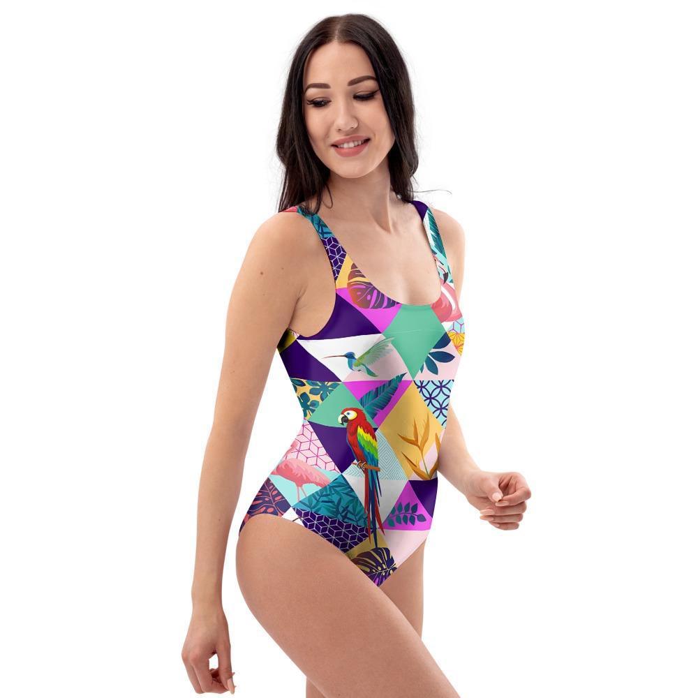 Patchwork Tropical Bird Print One Piece Swimsuite-grizzshop