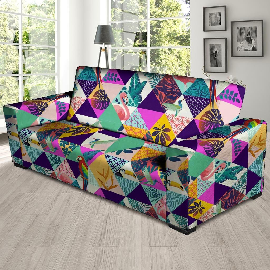 Patchwork Tropical Bird Print Sofa Cover-grizzshop