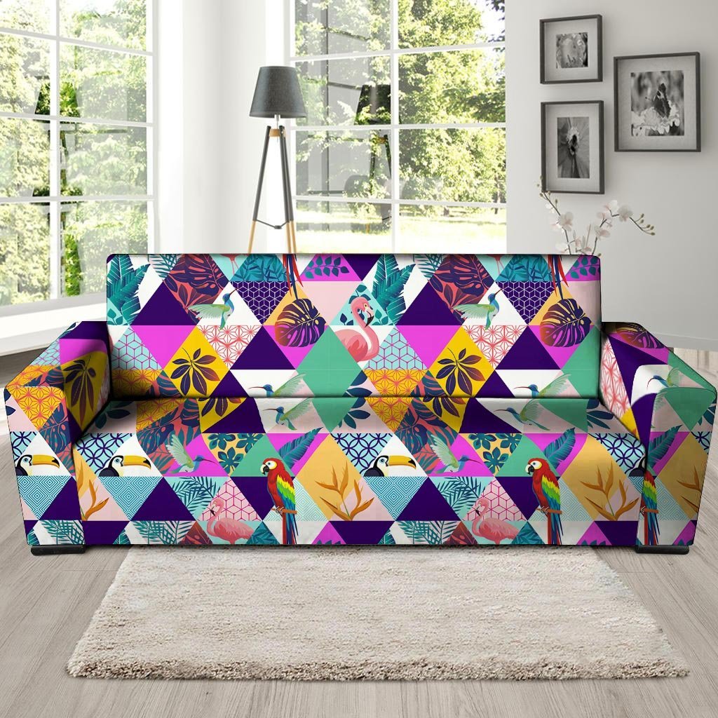 Patchwork Tropical Bird Print Sofa Cover-grizzshop