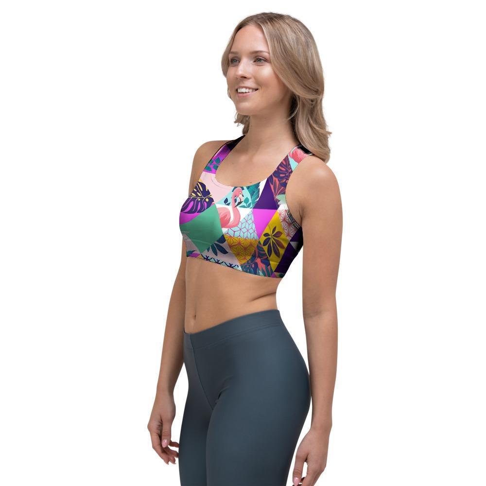 Patchwork Tropical Bird Print Sports Bra-grizzshop