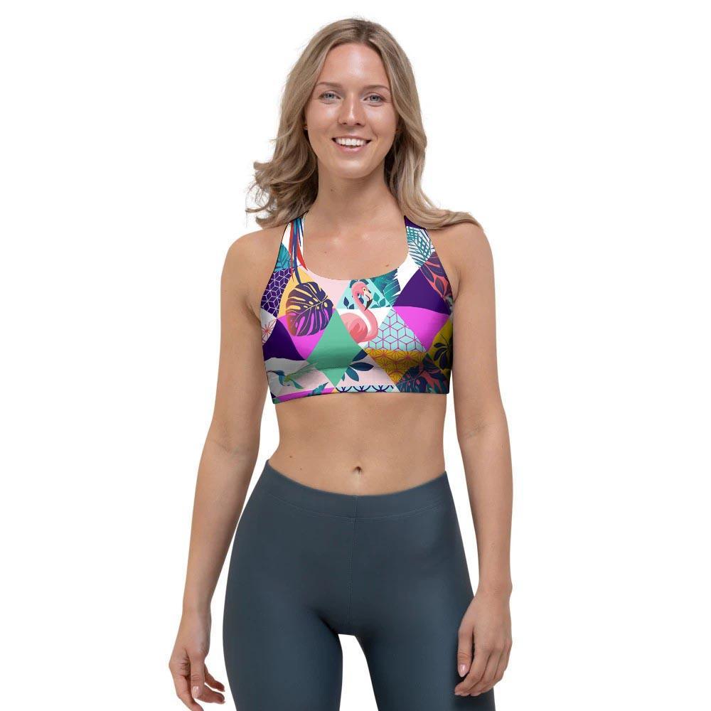 Patchwork Tropical Bird Print Sports Bra-grizzshop