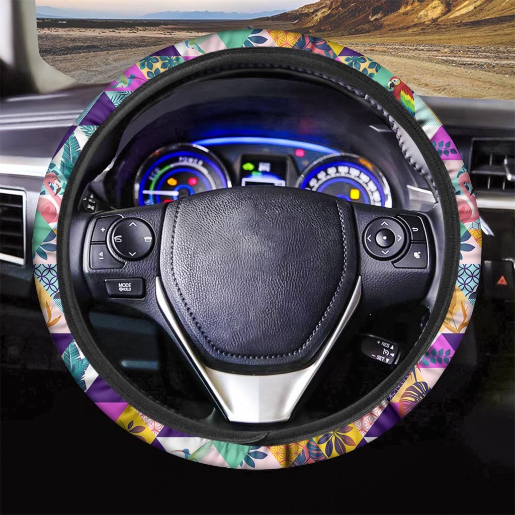 Patchwork Tropical Bird Print Steering Wheel Cover-grizzshop