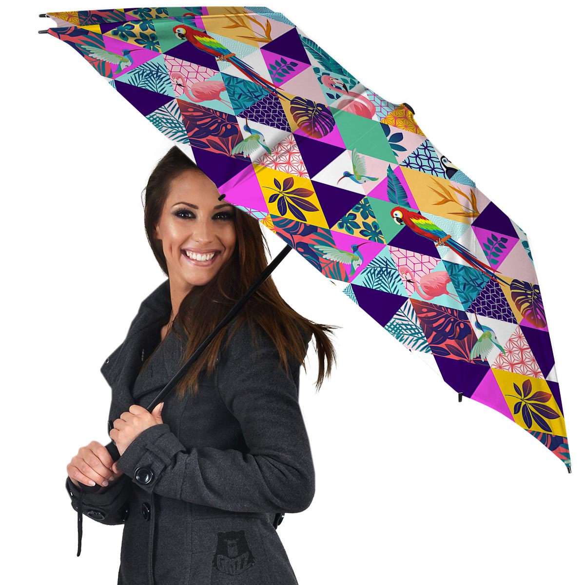 Patchwork Tropical Bird Print Umbrella-grizzshop