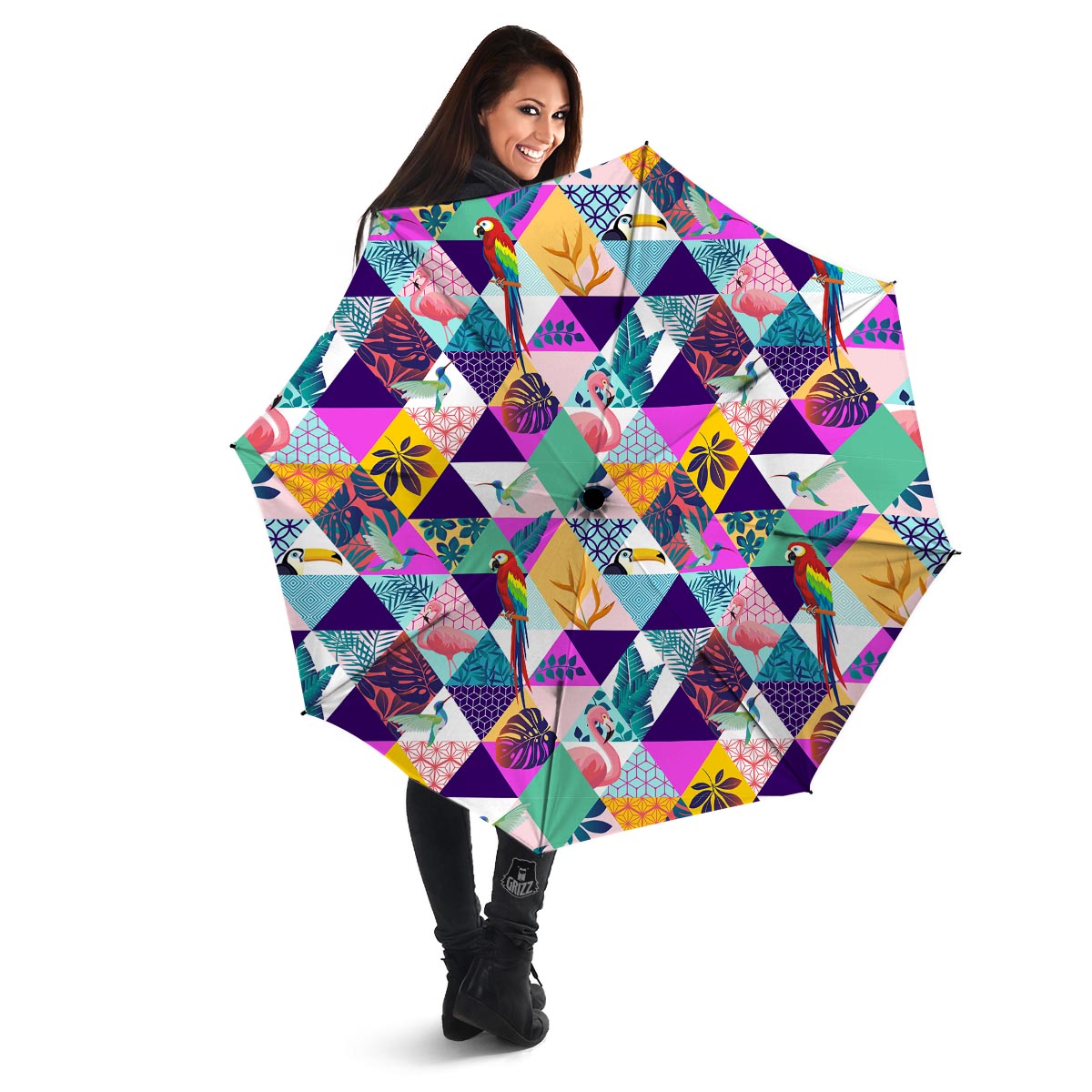 Patchwork Tropical Bird Print Umbrella-grizzshop