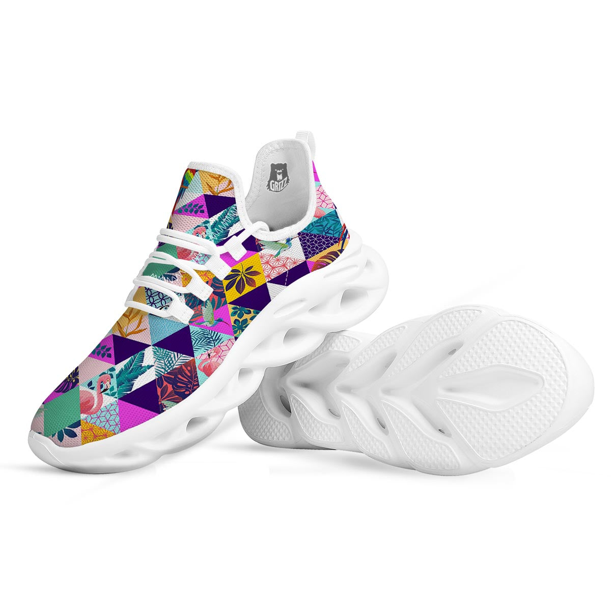Patchwork Tropical Bird Print White Running Shoes-grizzshop