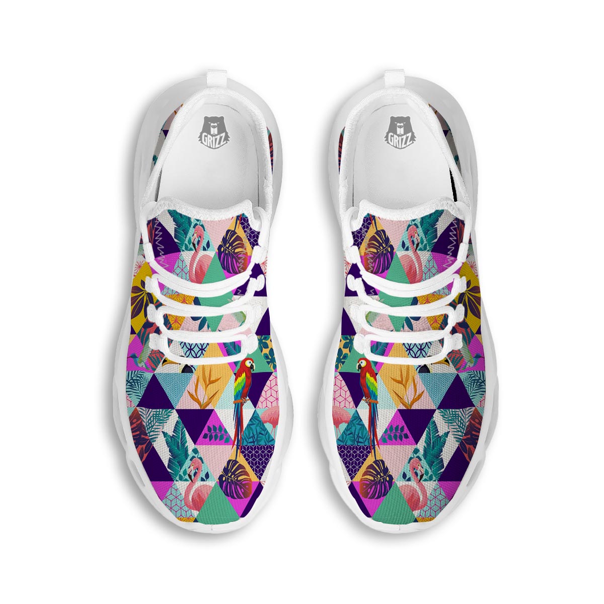 Patchwork Tropical Bird Print White Running Shoes-grizzshop