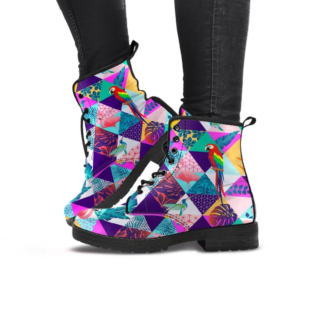 Patchwork Tropical Bird Print Women's Boots-grizzshop