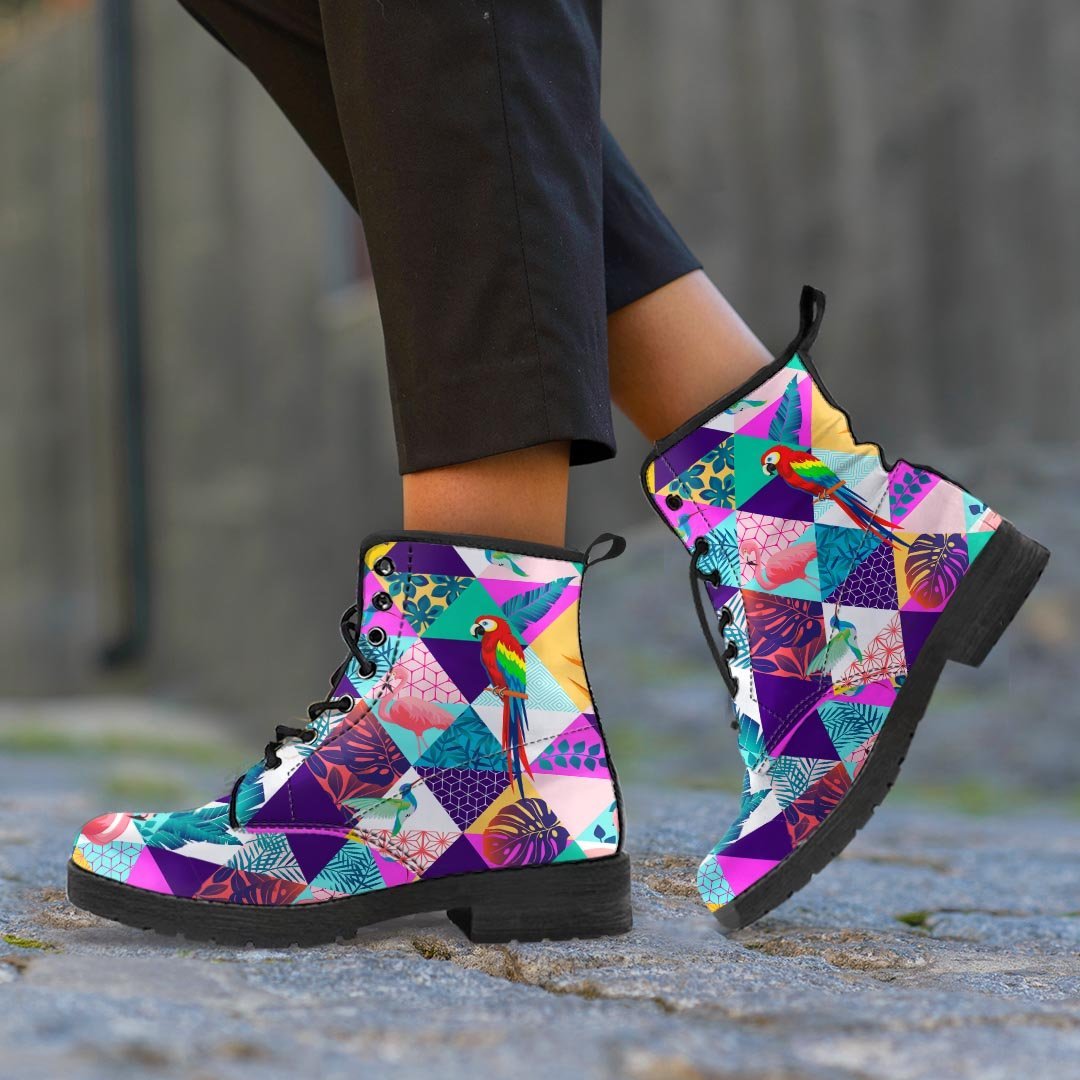 Patchwork Tropical Bird Print Women's Boots-grizzshop