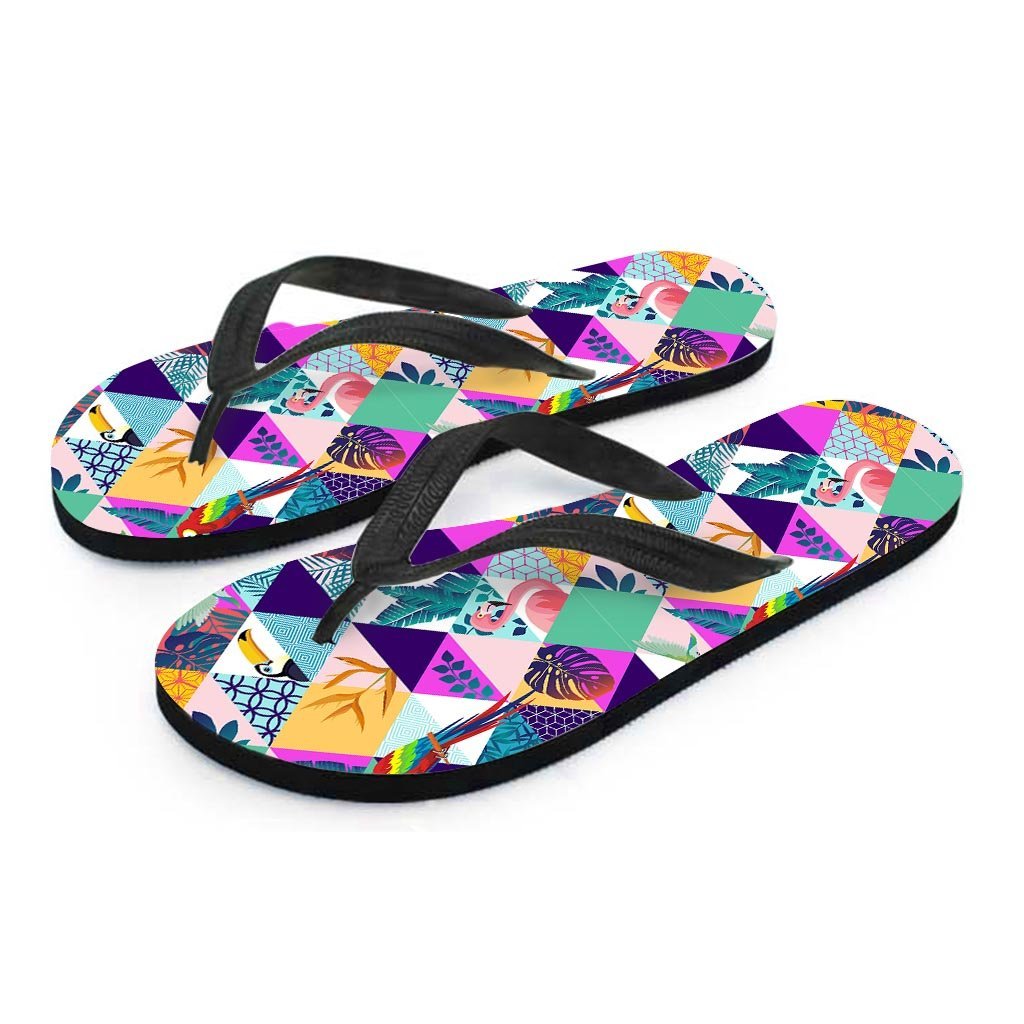 Patchwork Tropical Bird Print Women's Flip Flops-grizzshop