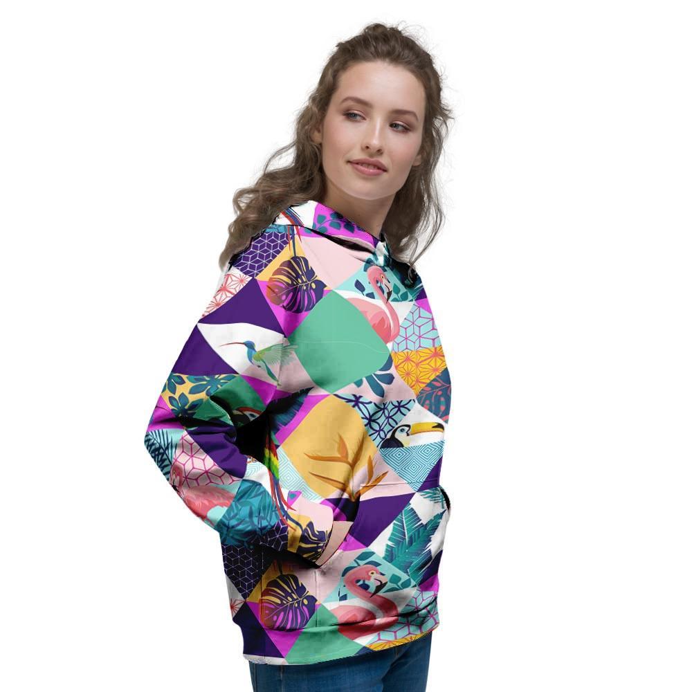 Patchwork Tropical Bird Print Women's Hoodie-grizzshop