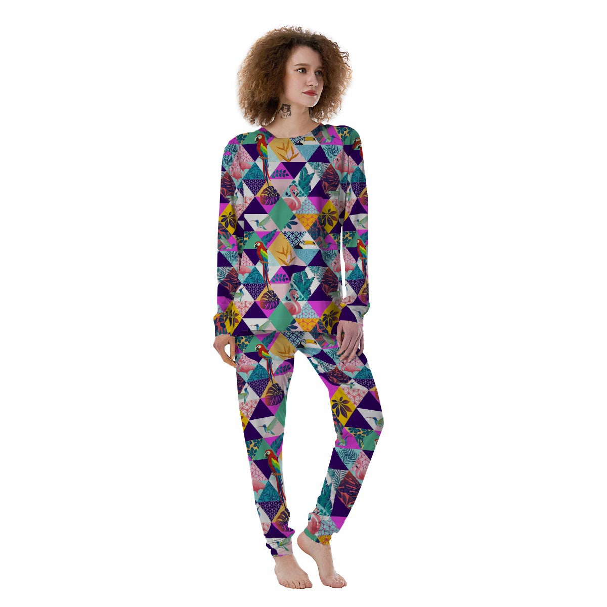 Patchwork Tropical Bird Print Women's Pajamas-grizzshop