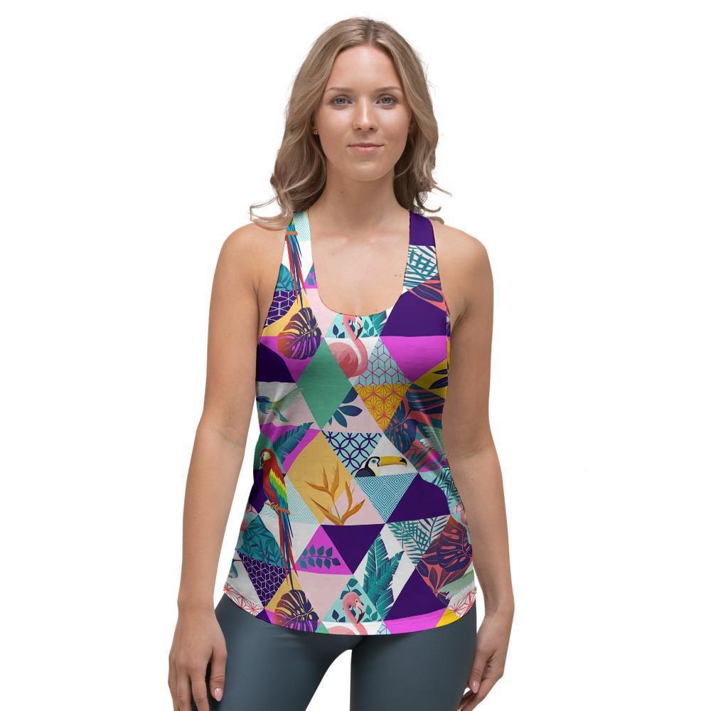 Patchwork Tropical Bird Print Women's Racerback Tank Top-grizzshop