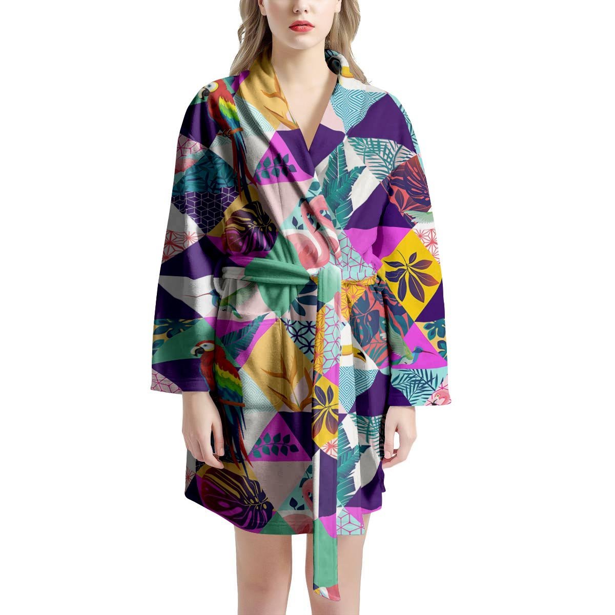 Patchwork Tropical Bird Print Women's Robe-grizzshop