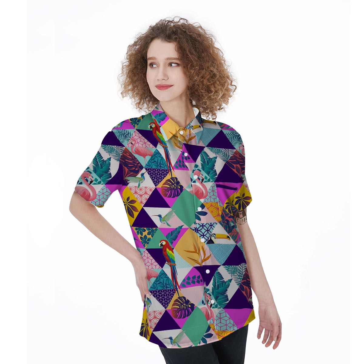 Patchwork Tropical Bird Print Women's Short Sleeve Shirts-grizzshop