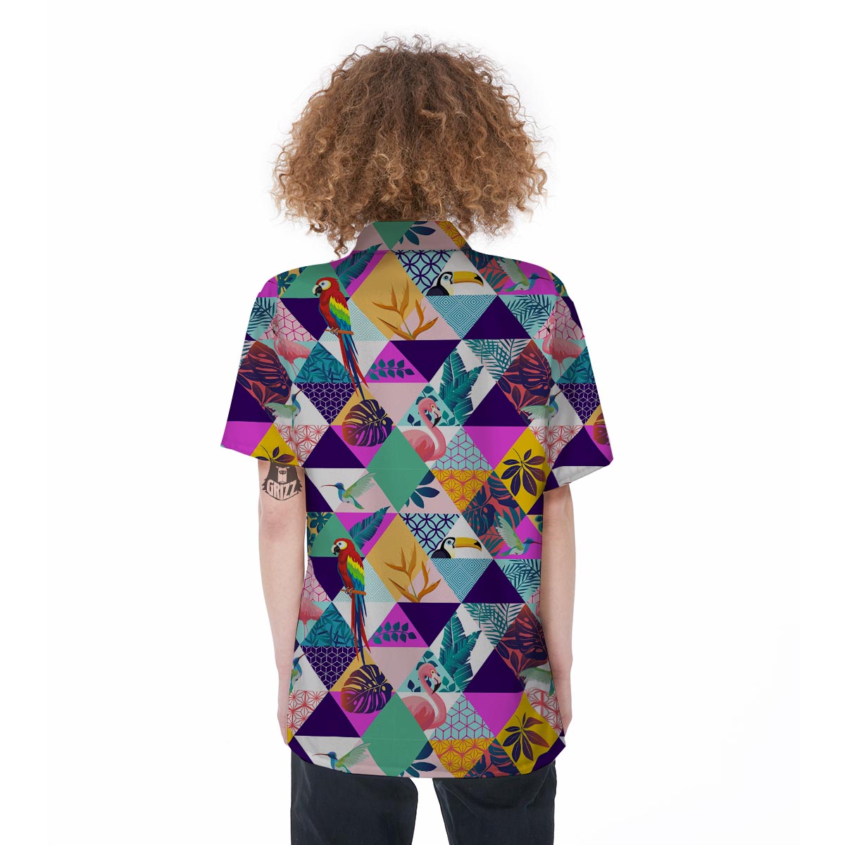 Patchwork Tropical Bird Print Women's Short Sleeve Shirts-grizzshop
