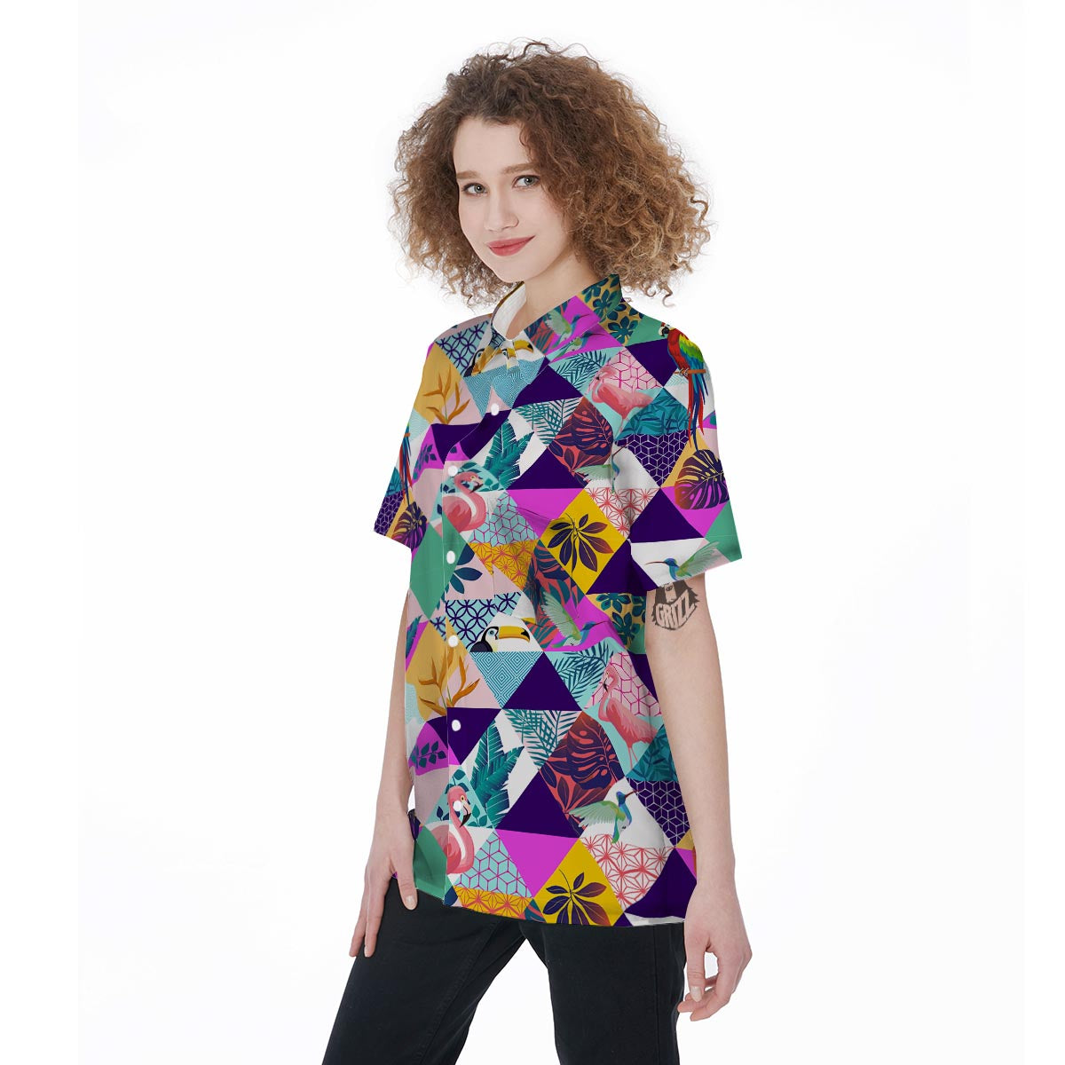 Patchwork Tropical Bird Print Women's Short Sleeve Shirts-grizzshop