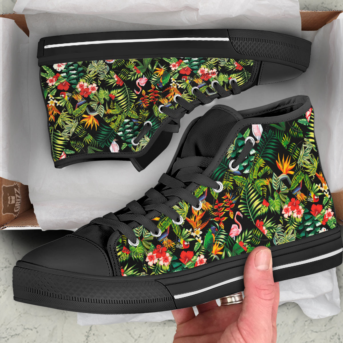 Patchwork Tropical Print Pattern Black High Top Shoes-grizzshop