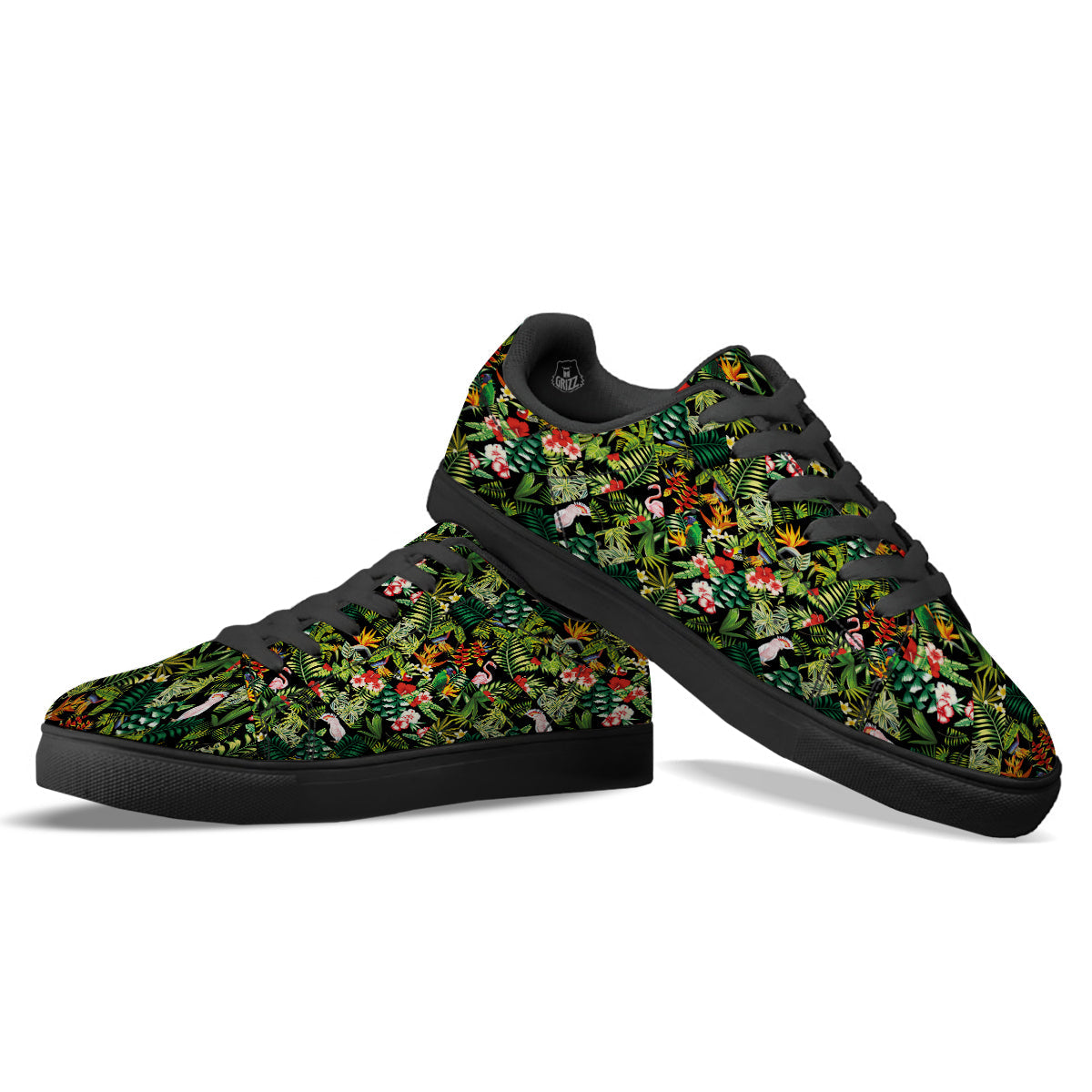 Patchwork Tropical Print Pattern Black Low Top Sneakers-grizzshop