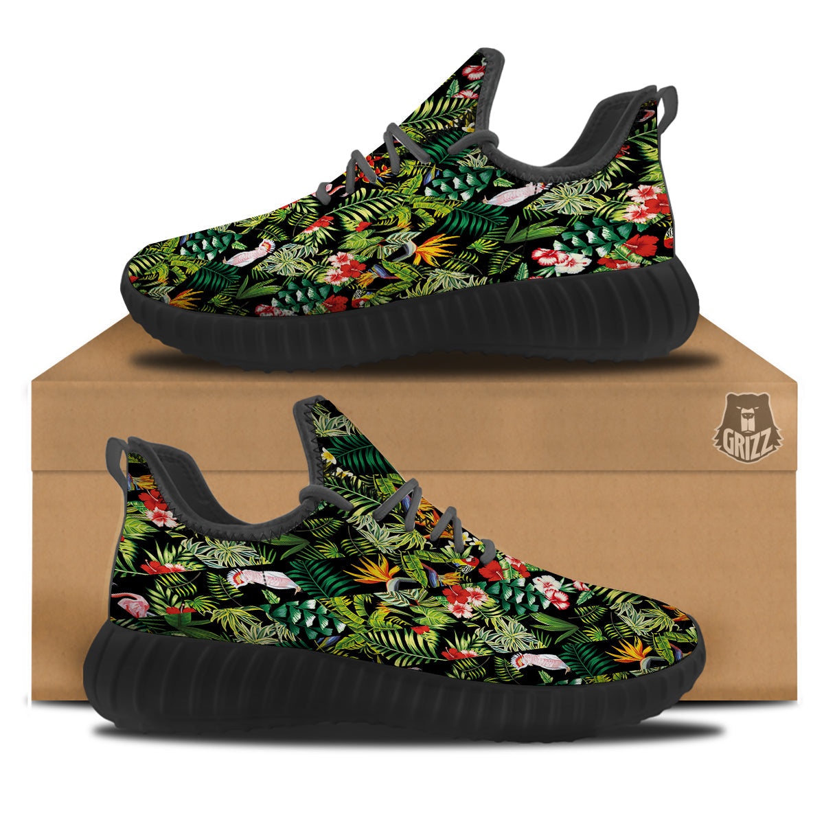 Patchwork Tropical Print Pattern Black Walking Shoes-grizzshop