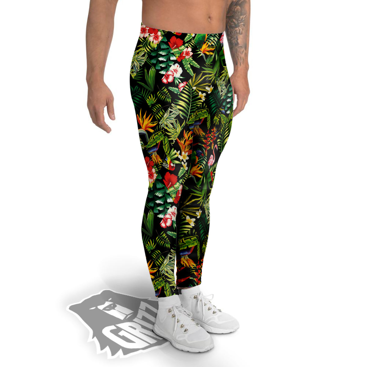 Patchwork Tropical Print Pattern Men's Leggings-grizzshop